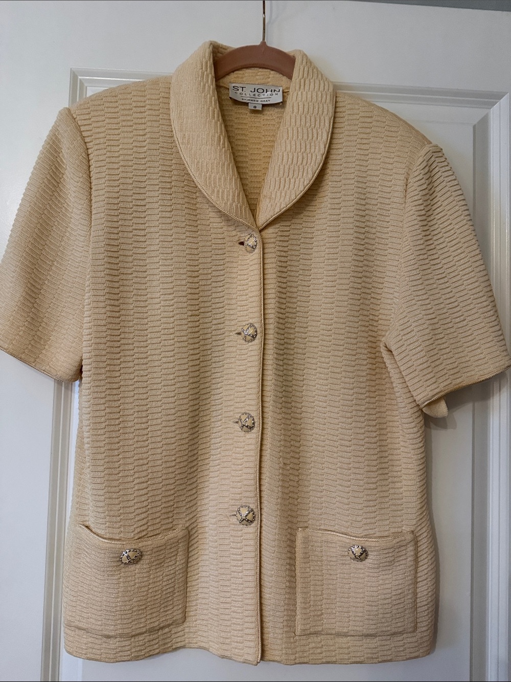 St. John Cream Short Sleeve Textured Knit Jacket